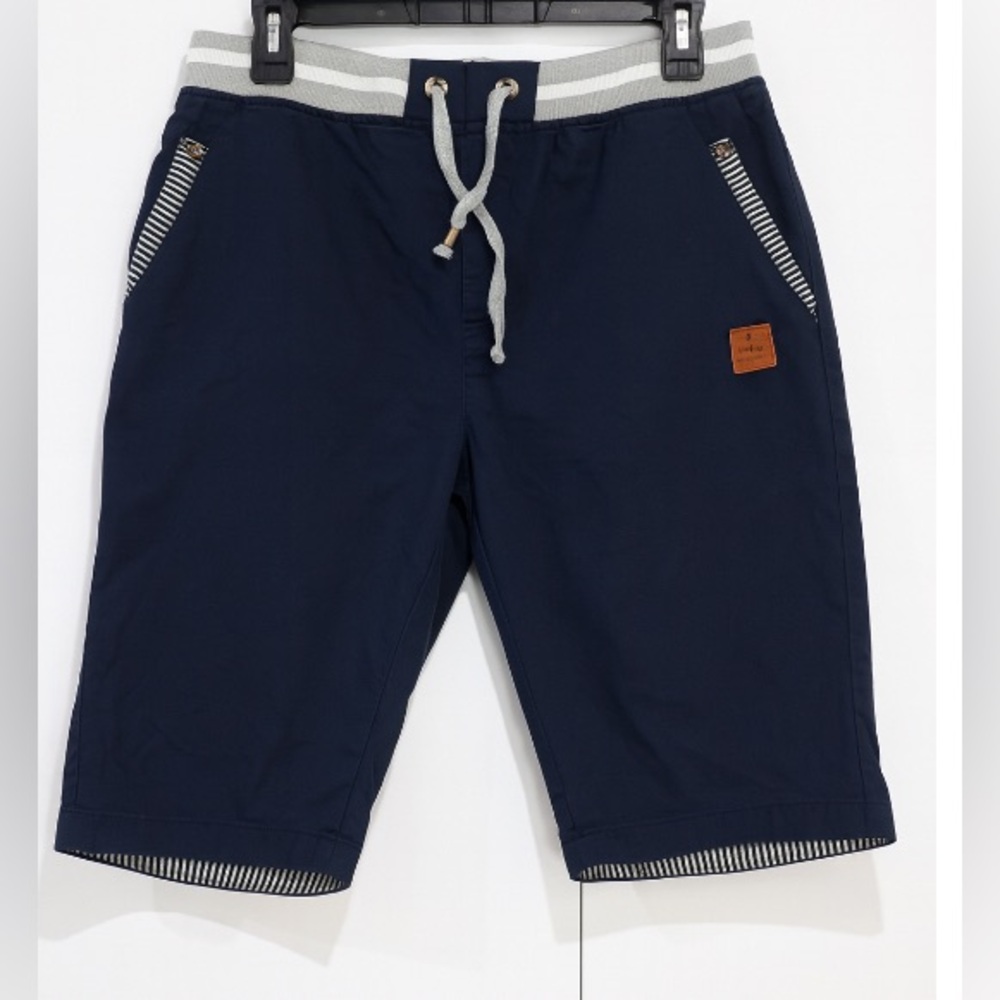 Fashion Style News Shorts Mens Medium Navy Blue Elastic Drawstring Casual Beach